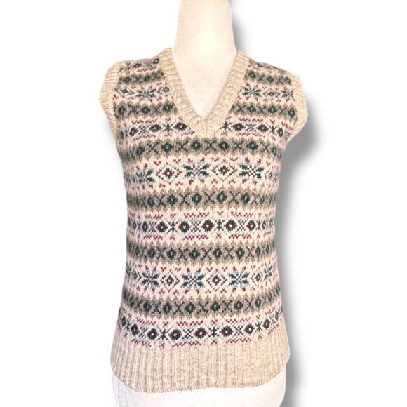 Vintage 80s House Of Tweed Fair Isle Wool Sweater Vest Scotland Beige Green Red - Picture 1 of 9